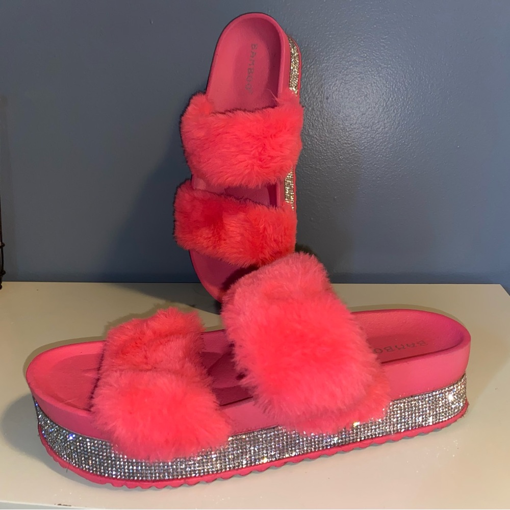 BAMBOO Bright Pink Fuzzy Sandals with Rhinestone Trim